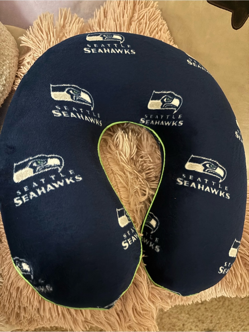 NFL Seattle Seahawks Navy Blue and Lime Green Travel Neck Pillow